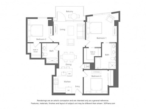 Floor plan for 2 beds, 2 baths, 1145 sqft